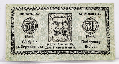1918 Rottenburg Germany 50 Pfennig Notgeld - WWI German Emergency Currency - 1918 German Municipality Fifty Pfennig Note