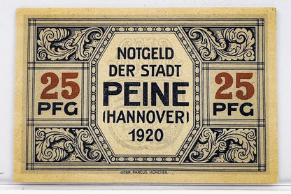 1920 German 25 Pfennig Peine (Hannover) Notgeld - Prussia City Notgeld - Post-WWI 1920 Prussian Peine Twenty Five Pfennig Emergency Note