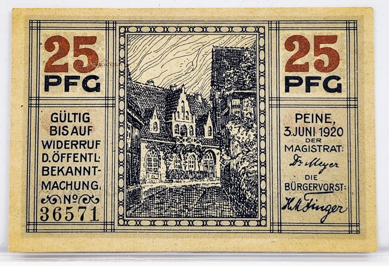 1920 German 25 Pfennig Peine (Hannover) Notgeld - Prussia City Notgeld - Post-WWI 1920 Prussian Peine Twenty Five Pfennig Emergency Note