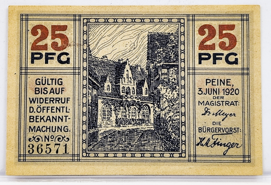1920 German 25 Pfennig Peine (Hannover) Notgeld - Prussia City Notgeld - Post-WWI 1920 Prussian Peine Twenty Five Pfennig Emergency Note