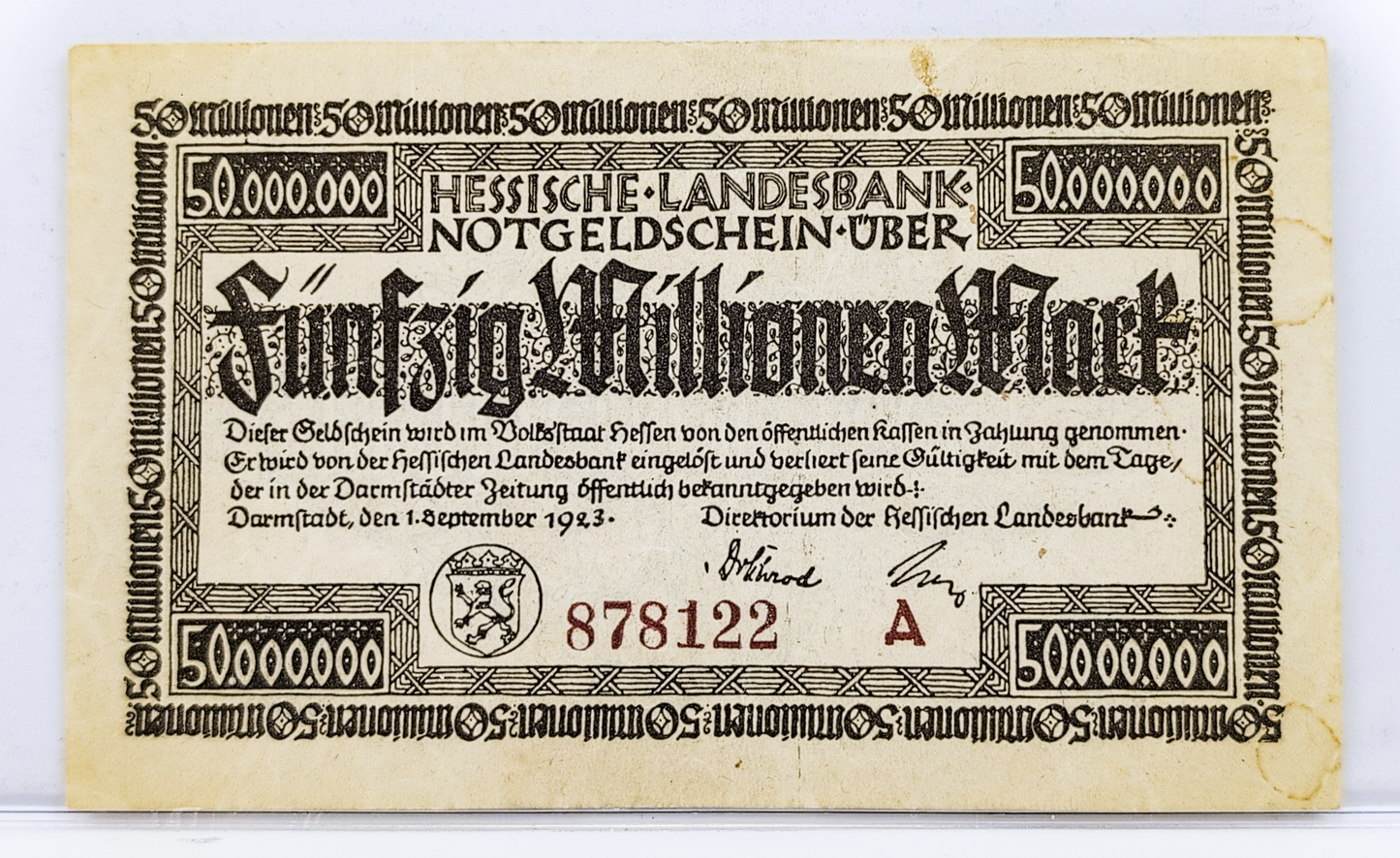 1923 Hessische Landesbank 50 Millionen Marks Notgeld - High Denomination Emergency Inflation Note - 1923 German Fifty Million Mark Note