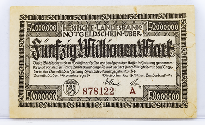 1923 Hessische Landesbank 50 Millionen Marks Notgeld - High Denomination Emergency Inflation Note - 1923 German Fifty Million Mark Note