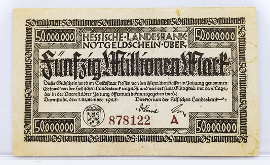 1923 Hessische Landesbank 50 Millionen Marks Notgeld - High Denomination Emergency Inflation Note - 1923 German Fifty Million Mark Note