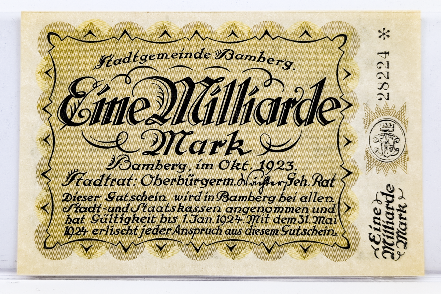 1923 Bamberg Germany 1 Milliarde/ 1 Billion Marks Notgeld - Rare High Denomination Inflation Note - 1923 German One Billion Mark Note