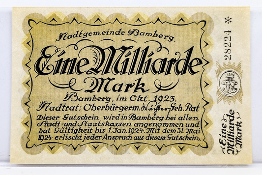1923 Bamberg Germany 1 Milliarde/ 1 Billion Marks Notgeld - Rare High Denomination Inflation Note - 1923 German One Billion Mark Note