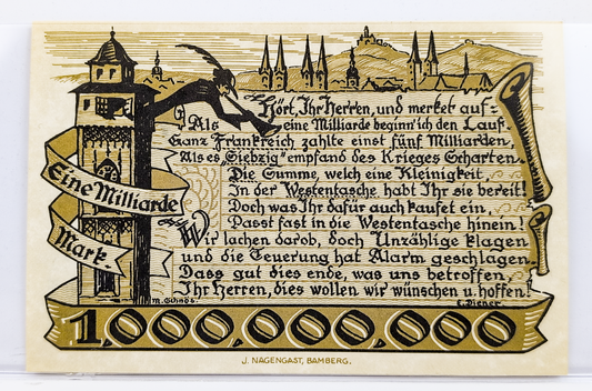 1923 Bamberg Germany 1 Milliarde/ 1 Billion Marks Notgeld - Rare High Denomination Inflation Note - 1923 German One Billion Mark Note