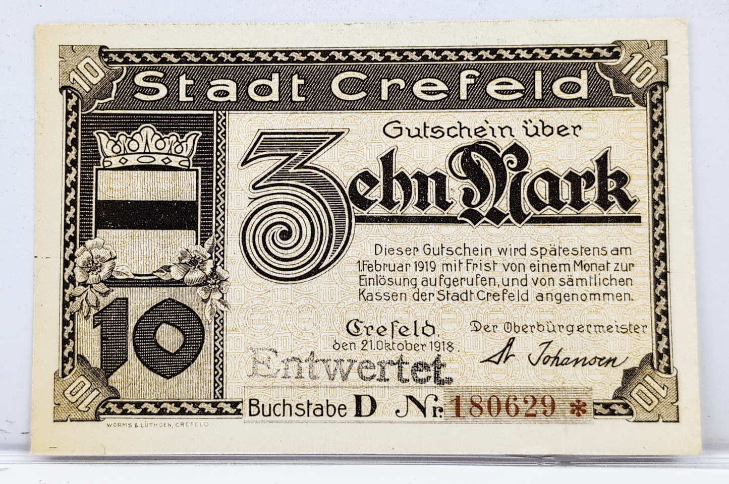 1918 Crefeld Germany 10 Mark Notgeld - Rarer Overstamp "Entwertet" Type - High Denomination - 1918 German Municipality Ten Marks Note