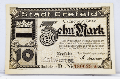 1918 Crefeld Germany 10 Mark Notgeld - Rarer Overstamp "Entwertet" Type - High Denomination - 1918 German Municipality Ten Marks Note