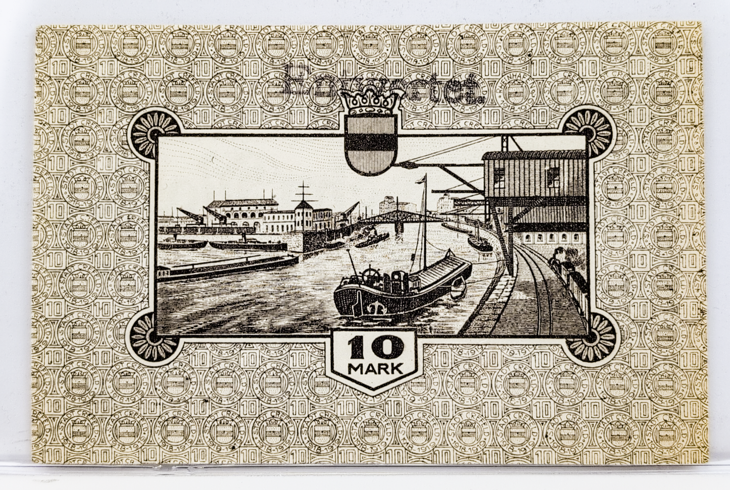 1918 Crefeld Germany 10 Mark Notgeld - Rarer Overstamp "Entwertet" Type - High Denomination - 1918 German Municipality Ten Marks Note