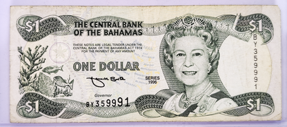 1996 Bahamas Central Bank 1 Dollar Note - Very Fine (VF) - Queen Elizabeth II Note - 1996 British Bahamas One Dollar Note - P#57a