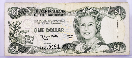 1996 Bahamas Central Bank 1 Dollar Note - Very Fine (VF) - Queen Elizabeth II Note - 1996 British Bahamas One Dollar Note - P#57a