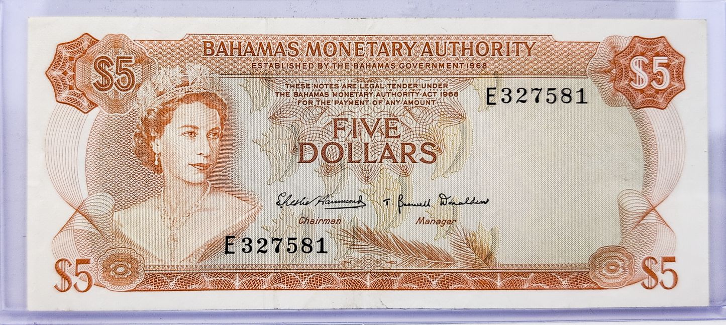 1968 Bahamas Monetary Authority 5 Dollar Note - Two Signatures Type - Queen Elizabeth II - 1968 British Bahamas Five Dollar Note - P#29a