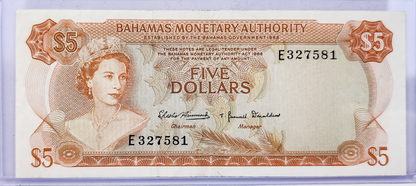 1968 Bahamas Monetary Authority 5 Dollar Note - Two Signatures Type - Queen Elizabeth II - 1968 British Bahamas Five Dollar Note - P#29a
