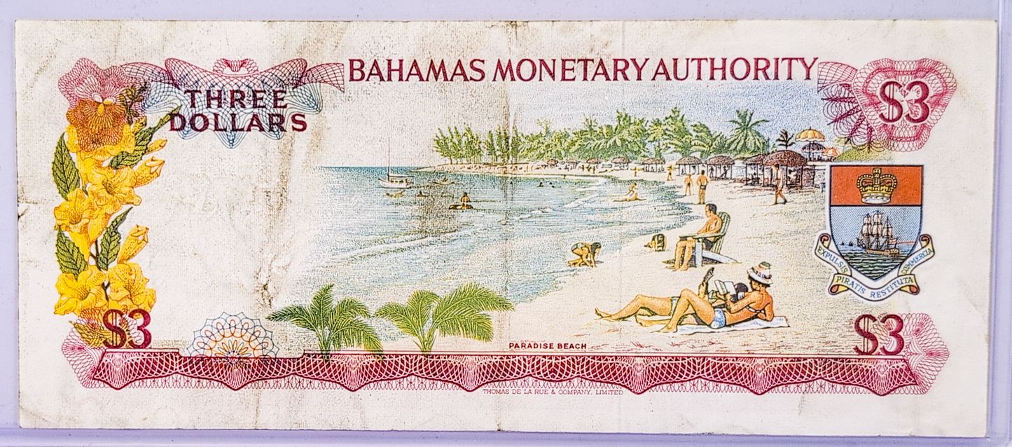 1965 Bahamas Government 3 Dollar Note - Rare First Issue, Prefix A - Two Signatures - 1965 British Bahamas Three Dollars Note - P#19a