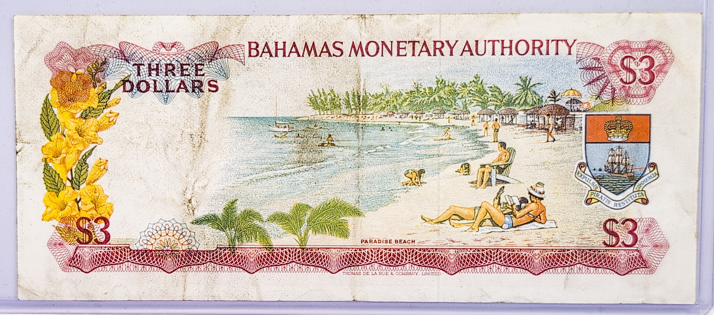 1968 Bahamas Monetary Authority 3 Dollar Note - Two Signatures Type - Queen Elizabeth II - 1968 British Bahamas Three Dollars Note - P#28a