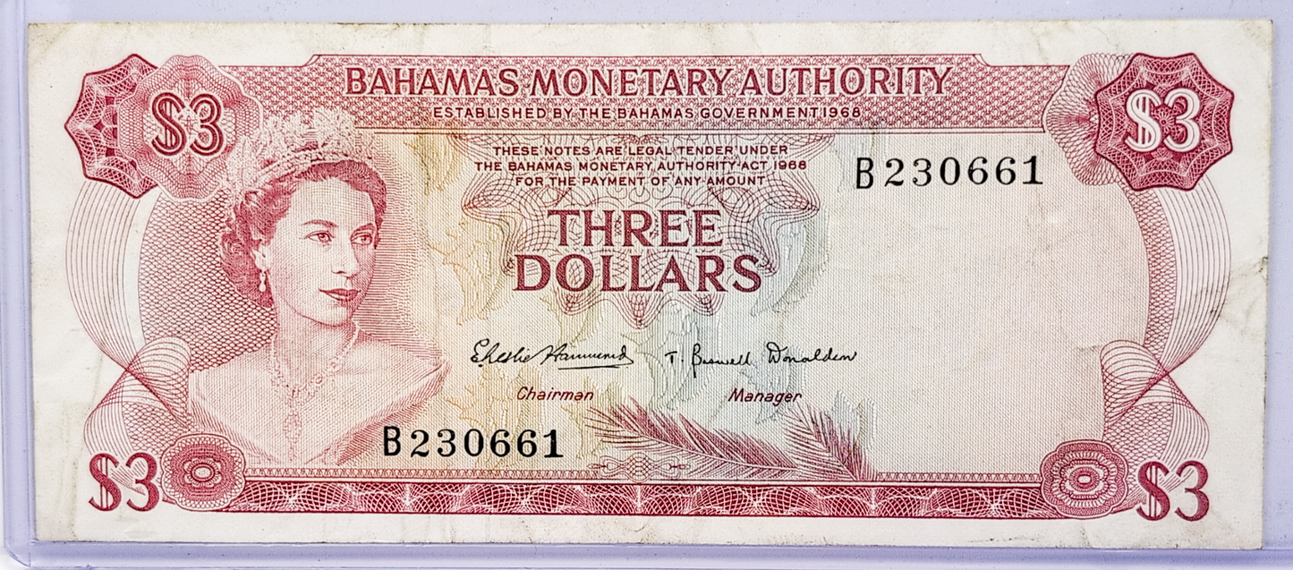 1968 Bahamas Monetary Authority 3 Dollar Note - Two Signatures Type - Queen Elizabeth II - 1968 British Bahamas Three Dollars Note - P#28a
