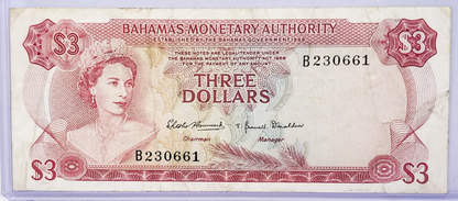 1968 Bahamas Monetary Authority 3 Dollar Note - Two Signatures Type - Queen Elizabeth II - 1968 British Bahamas Three Dollars Note - P#28a