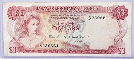 1968 Bahamas Monetary Authority 3 Dollar Note - Two Signatures Type - Queen Elizabeth II - 1968 British Bahamas Three Dollars Note - P#28a