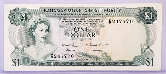 1968 Bahamas Monetary Authority 1 Dollar Note - Lucky 777 Serial Number - Queen Elizabeth II - 1968 British Bahamas One Dollar Note - P#27a