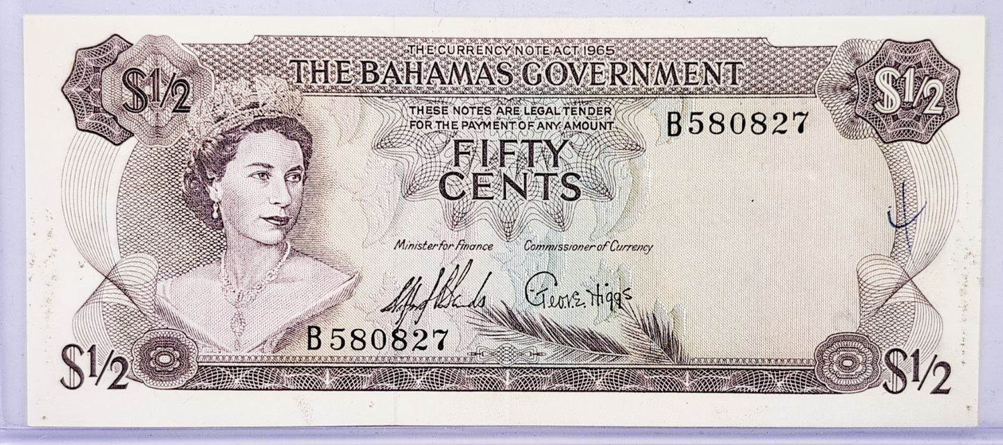 1965 Bahamas Government 50 Cents Note - Two Signatures Type - Queen Elizabeth II - 1965 British Bahamas Half Dollar Fifty Cents Note - P#17a