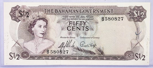 1965 Bahamas Government 50 Cents Note - Two Signatures Type - Queen Elizabeth II - 1965 British Bahamas Half Dollar Fifty Cents Note - P#17a