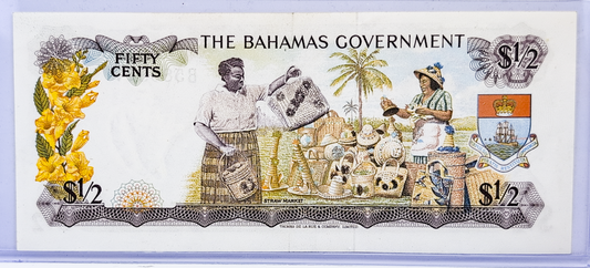 1965 Bahamas Government 50 Cents Note - Two Signatures Type - Queen Elizabeth II - 1965 British Bahamas Half Dollar Fifty Cents Note - P#17a