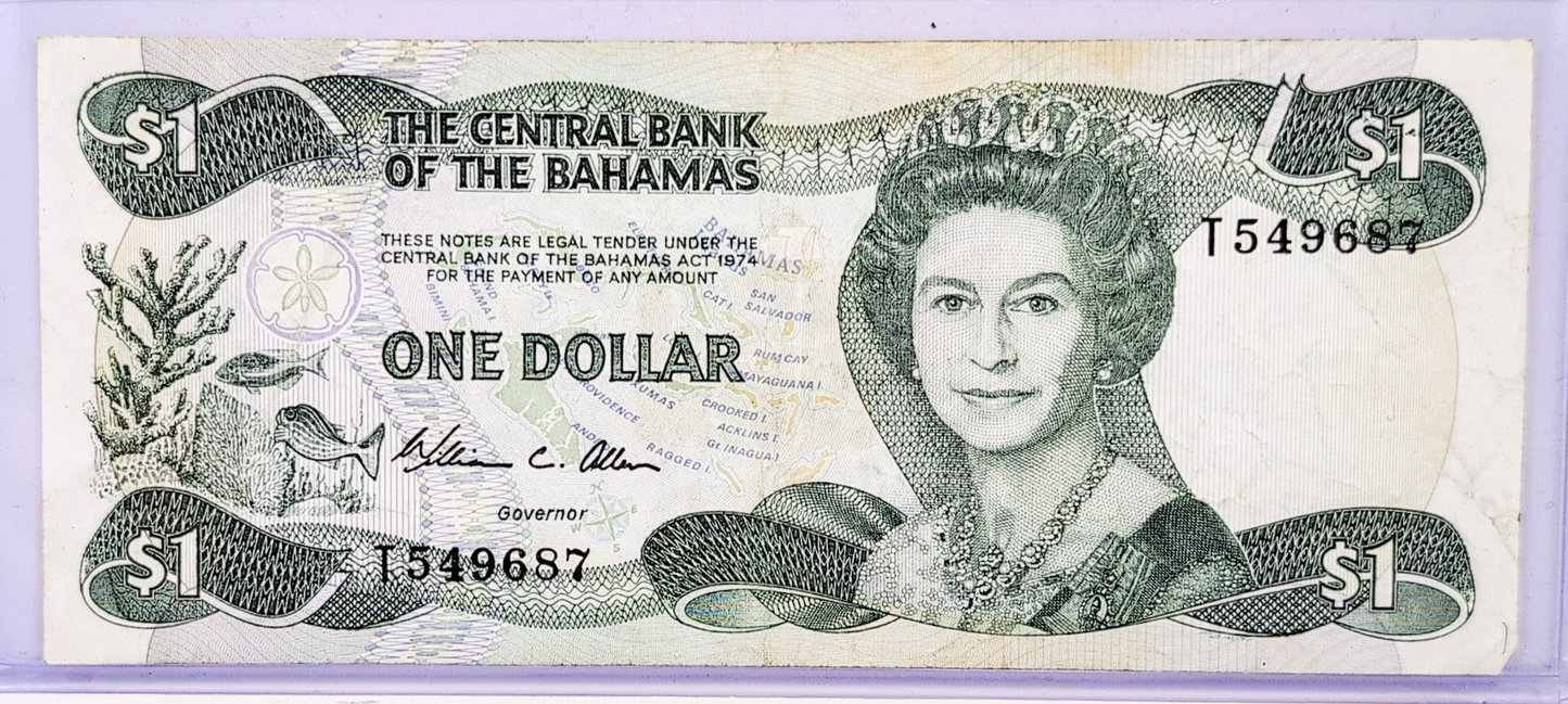 1984 Bahamas Central Bank 1 Dollar Note - Allen Signature (#1)- Queen Elizabeth II Type - 1984 British Bahamas One Dollar Note - P#43a
