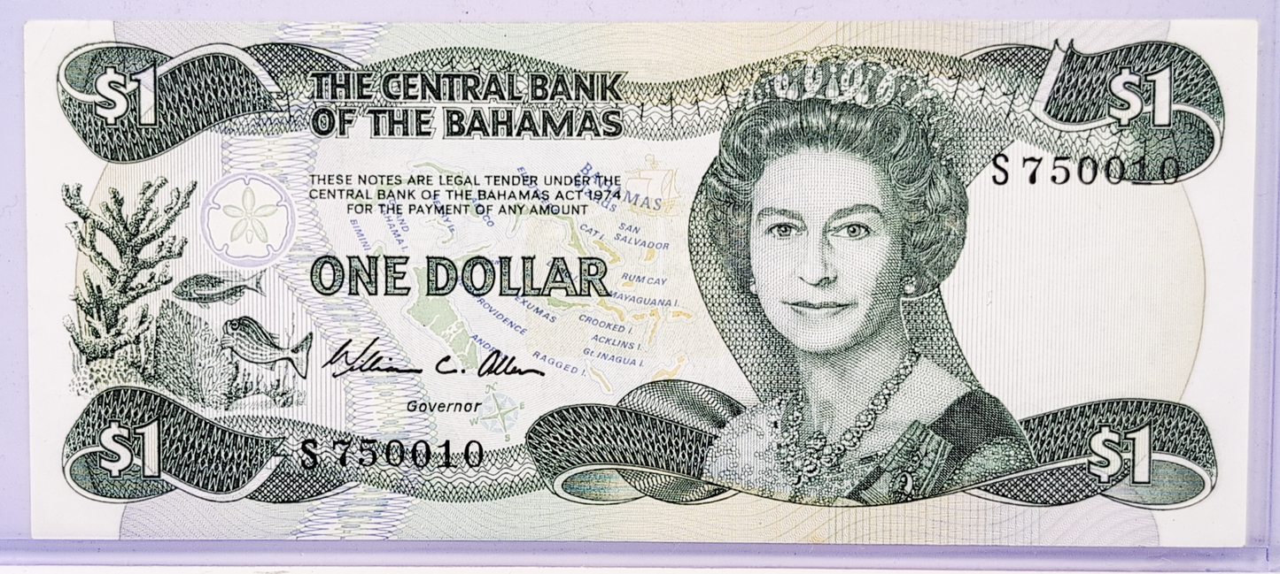 1984 Bahamas Central Bank 1 Dollar Note - Allen Signature (#1)- Queen Elizabeth II Type - 1984 British Bahamas One Dollar Note - P#43a