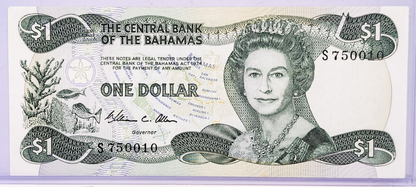 1984 Bahamas Central Bank 1 Dollar Note - Allen Signature (#1)- Queen Elizabeth II Type - 1984 British Bahamas One Dollar Note - P#43a