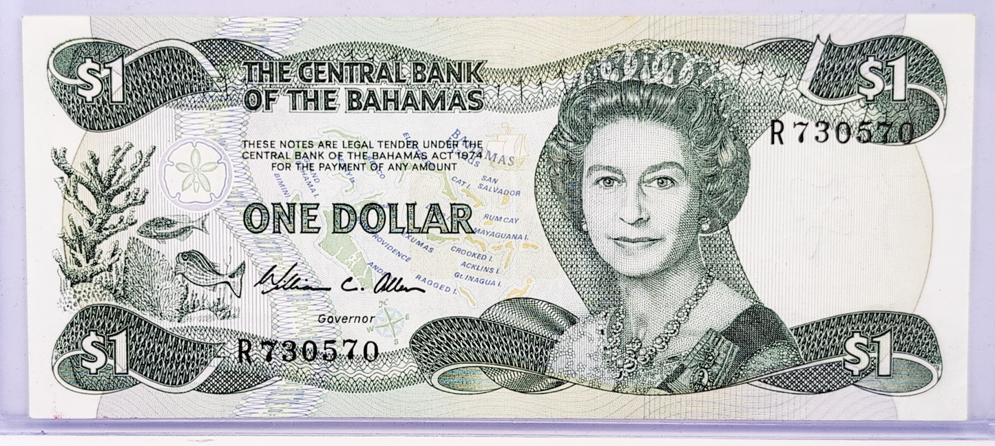 1984 Bahamas Central Bank 1 Dollar Note - Allen Signature (#1)- Queen Elizabeth II Type - 1984 British Bahamas One Dollar Note - P#43a