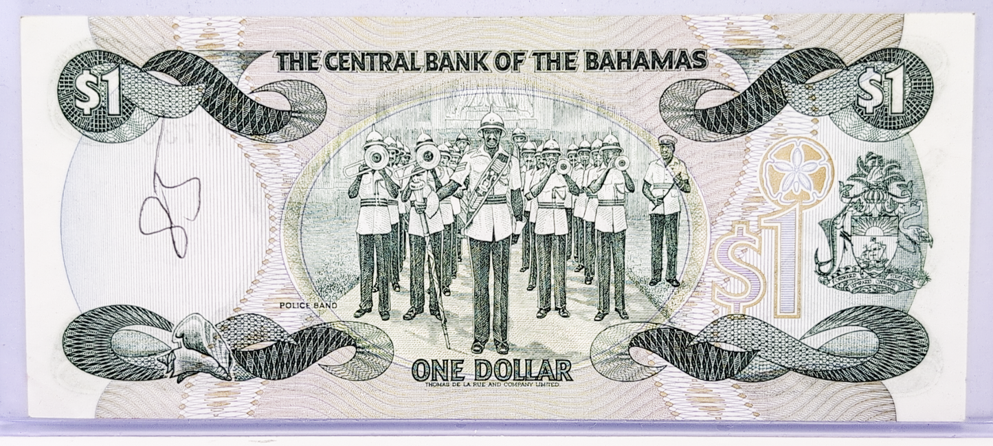 1984 Bahamas Central Bank 1 Dollar Note - Allen Signature (#1)- Queen Elizabeth II Type - 1984 British Bahamas One Dollar Note - P#43a