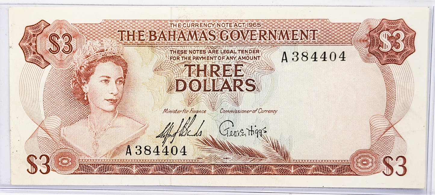 1965 Bahamas Government 3 Dollar Note - Rare First Issue, Prefix A - Two Signatures - 1965 British Bahamas Three Dollars Note - P#19a