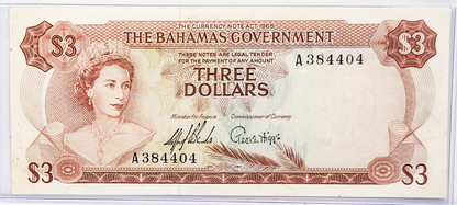 1965 Bahamas Government 3 Dollar Note - Rare First Issue, Prefix A - Two Signatures - 1965 British Bahamas Three Dollars Note - P#19a