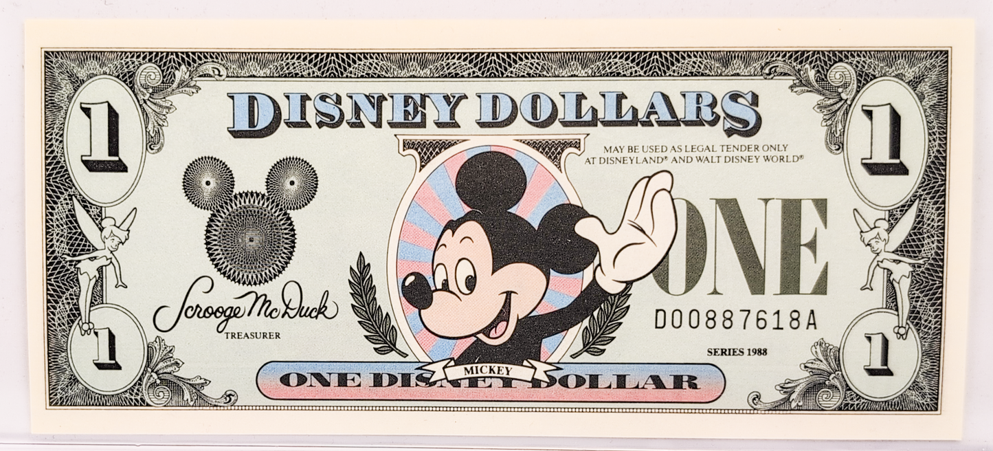 1988 Disney 1 Dollar Mickey Mouse Collectible Money - "DA" Series - Magic Kingdom Envelope - 1988 Series Disneyland One Dollar Novelty Note
