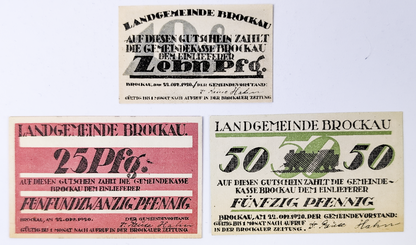 Complete Set of 1920 Brockau Germany 10, 25, 50 Pfennig Notgeld - Full Denomination Trio - 1920 German Emergency Complete Pfennig Set