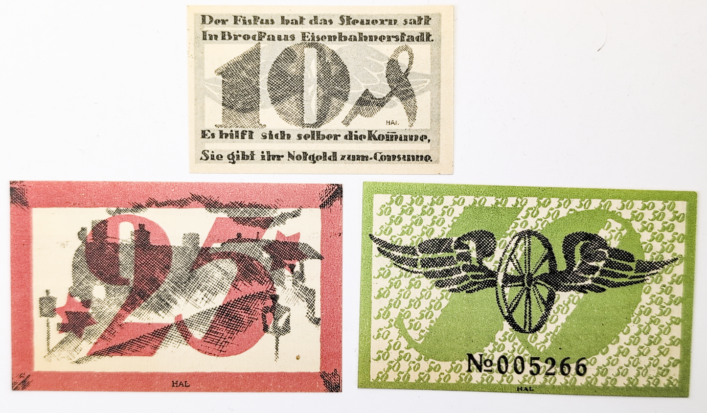 Complete Set of 1920 Brockau Germany 10, 25, 50 Pfennig Notgeld - Full Denomination Trio - 1920 German Emergency Complete Pfennig Set
