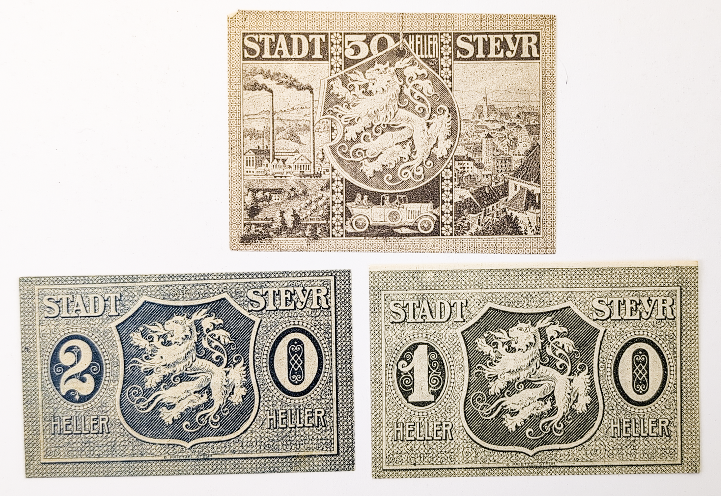 1921 Steyr Austria 10, 20, 50 Heller Notgeld Complete Set - WWI Austrian Notgeld - 1921 Austria Emergency Note Full Denomination Set