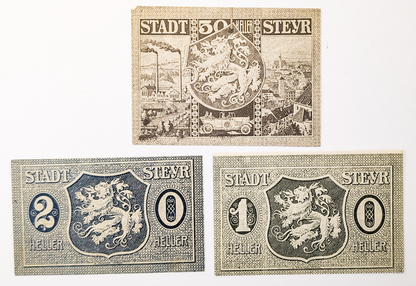 1921 Steyr Austria 10, 20, 50 Heller Notgeld Complete Set - WWI Austrian Notgeld - 1921 Austria Emergency Note Full Denomination Set