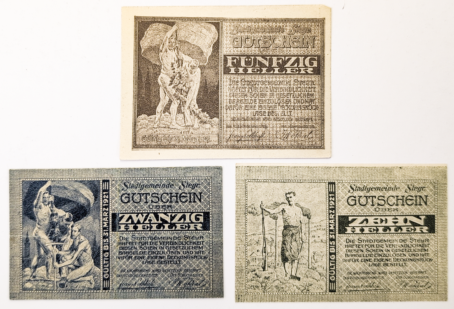 1921 Steyr Austria 10, 20, 50 Heller Notgeld Complete Set - WWI Austrian Notgeld - 1921 Austria Emergency Note Full Denomination Set