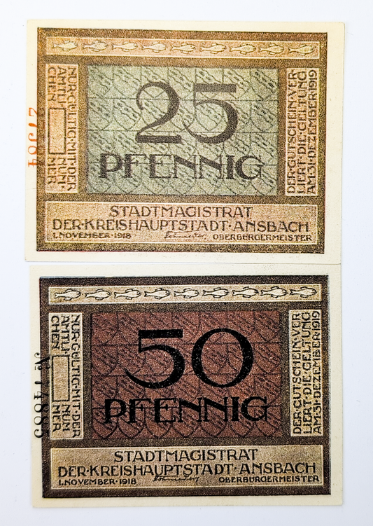 Rare 1918 Ansbach Germany 25 and 50 Pfennig Notgeld Pair - Complete Horse Rider Set - 1918 German Emergency Complete Pfennig Set