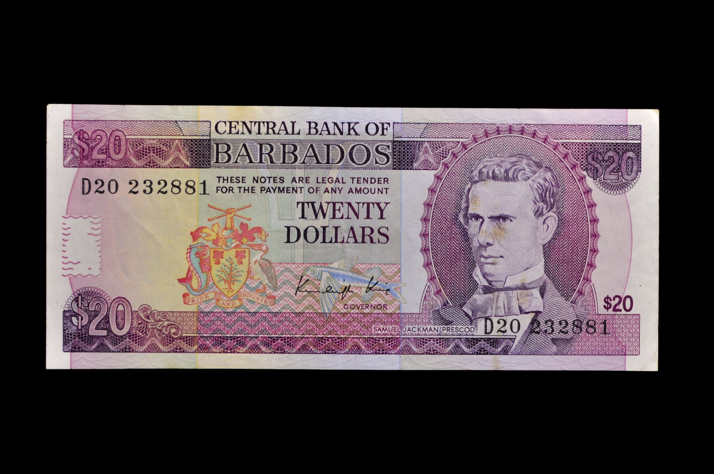 1988 Central Bank of Barbados 20 Dollar Banknote - K. King Signature - Almost Uncirculated (AU) - 1988 Barbados Twenty Dollars Note - P#39