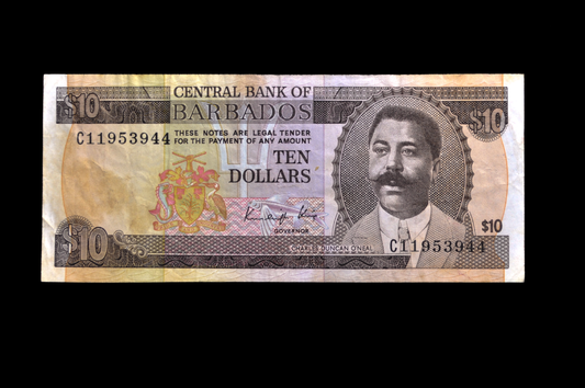 1986 Central Bank of Barbados 10 Dollar Banknote - K. King Signature - Extremely Fine (XF) - 1986 (ND) Barbados Ten Dollars Note - P#35a