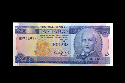 1986 Central Bank of Barbados 2 Dollar Banknote - K. King Signature - Uncirculated (UNC) - 1986 (ND) Barbados Two Dollars Note - P#36