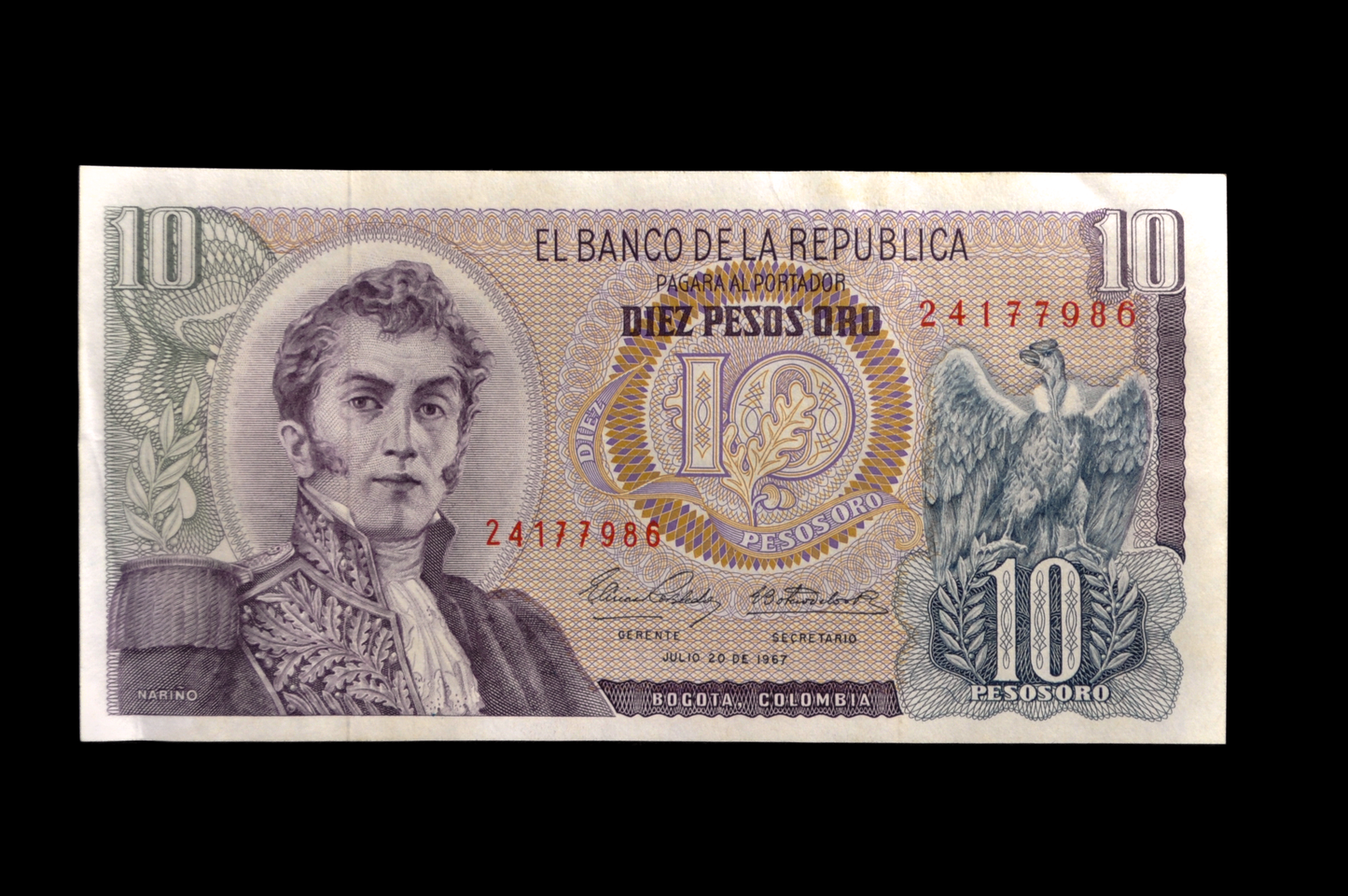 1967 Colombia 10 Peso Oro Note - Rare Earlier Date - 1967 Colombian Banco de la Republica Ten Pesos Oro Banknote - P#407c