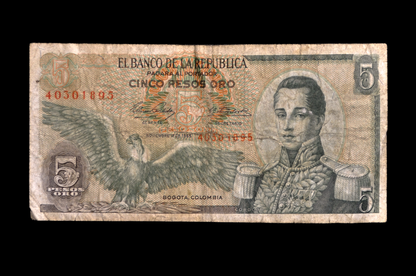 1965 Colombia 5 Peso Oro Note - Early Date - 1965 Colombian Banco de la Republica Five Pesos Oro Banknote - P#406b