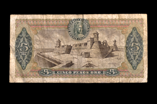 1965 Colombia 5 Peso Oro Note - Early Date - 1965 Colombian Banco de la Republica Five Pesos Oro Banknote - P#406b