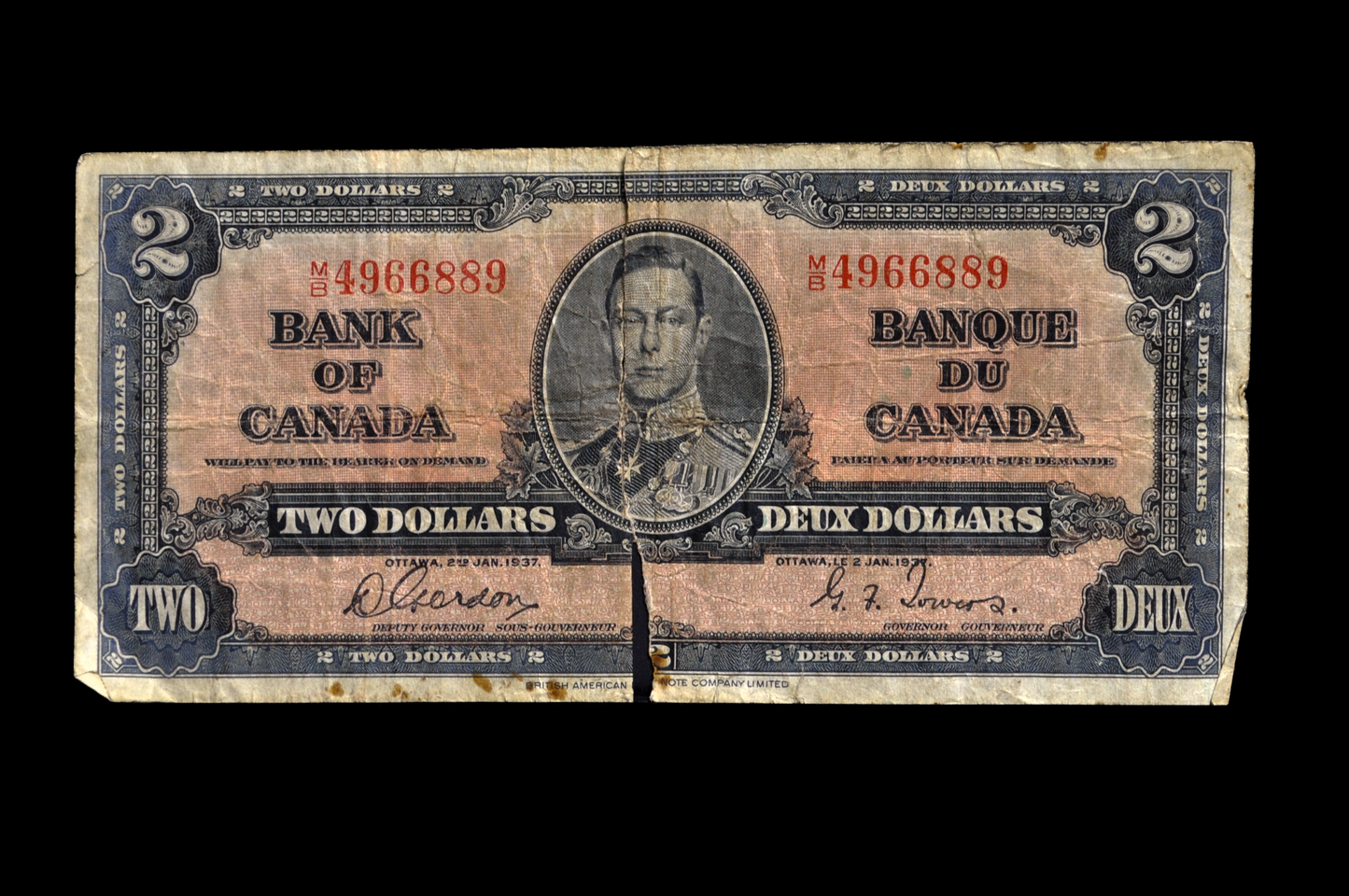 1937 Bank of Canada 2 Dollar Banknote - Gordon / Towers Signed, M/B Prefix - Fine (F), Torn in Half - 1937 Canadian Two Dollar Note - P#59b