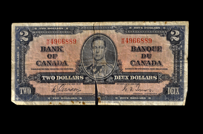1937 Bank of Canada 2 Dollar Banknote - Gordon / Towers Signed, M/B Prefix - Fine (F), Torn in Half - 1937 Canadian Two Dollar Note - P#59b