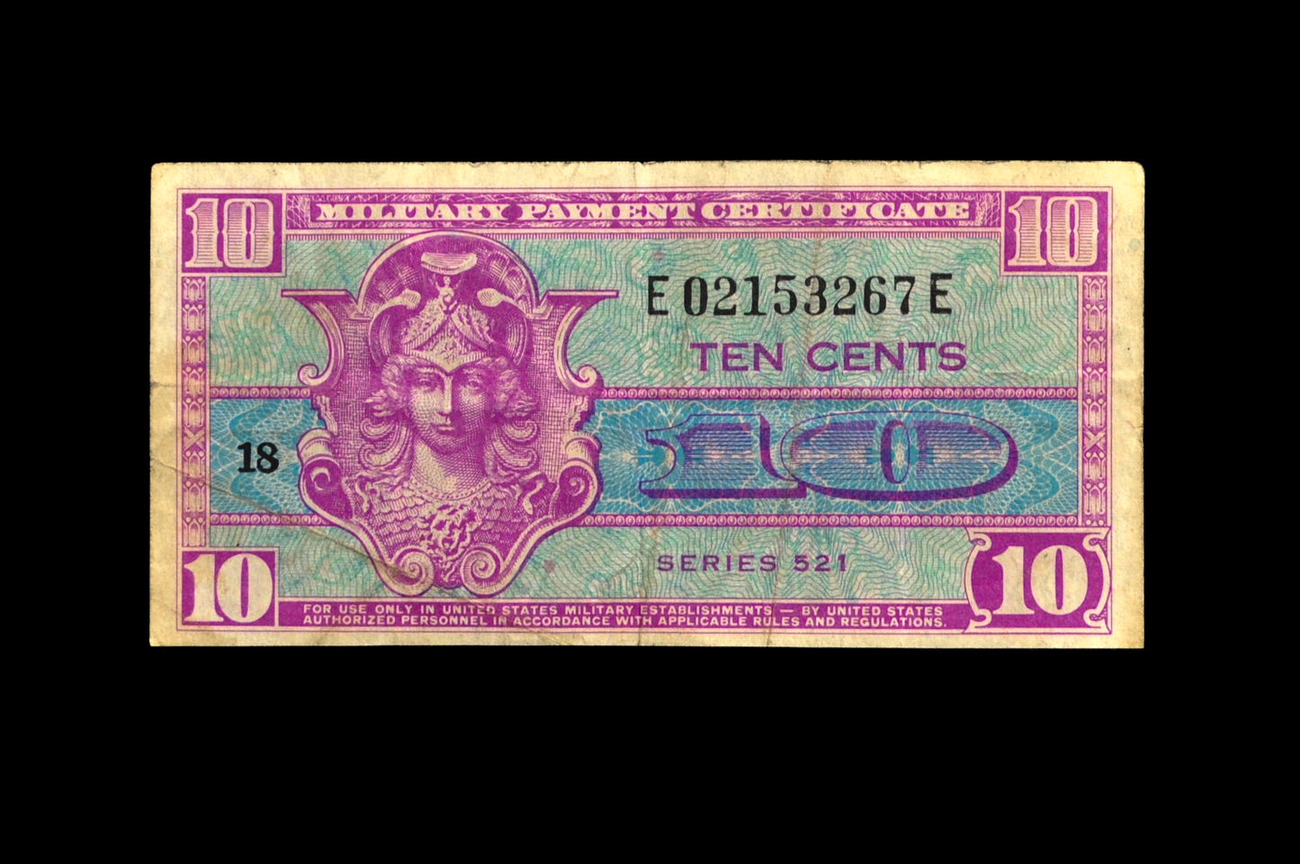 1954 U.S. Military 10 Cent Payment Certificate - Scarce Series 521 - 1954 United States Military Ten Cents Payment Certificate - P#M30