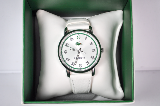 Rare New in Box Lacoste Calvi White Leather Ladies Watch - Works, New Battery - Genuine Leather Strap - NOS Lacoste Watch - Set to EST